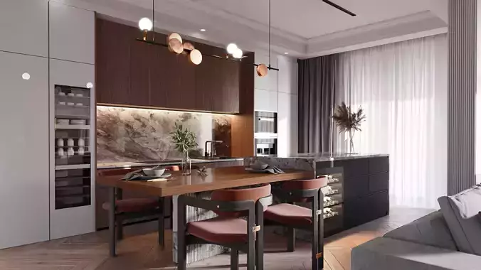 Modern Living and Kitchen 3ds max Scene