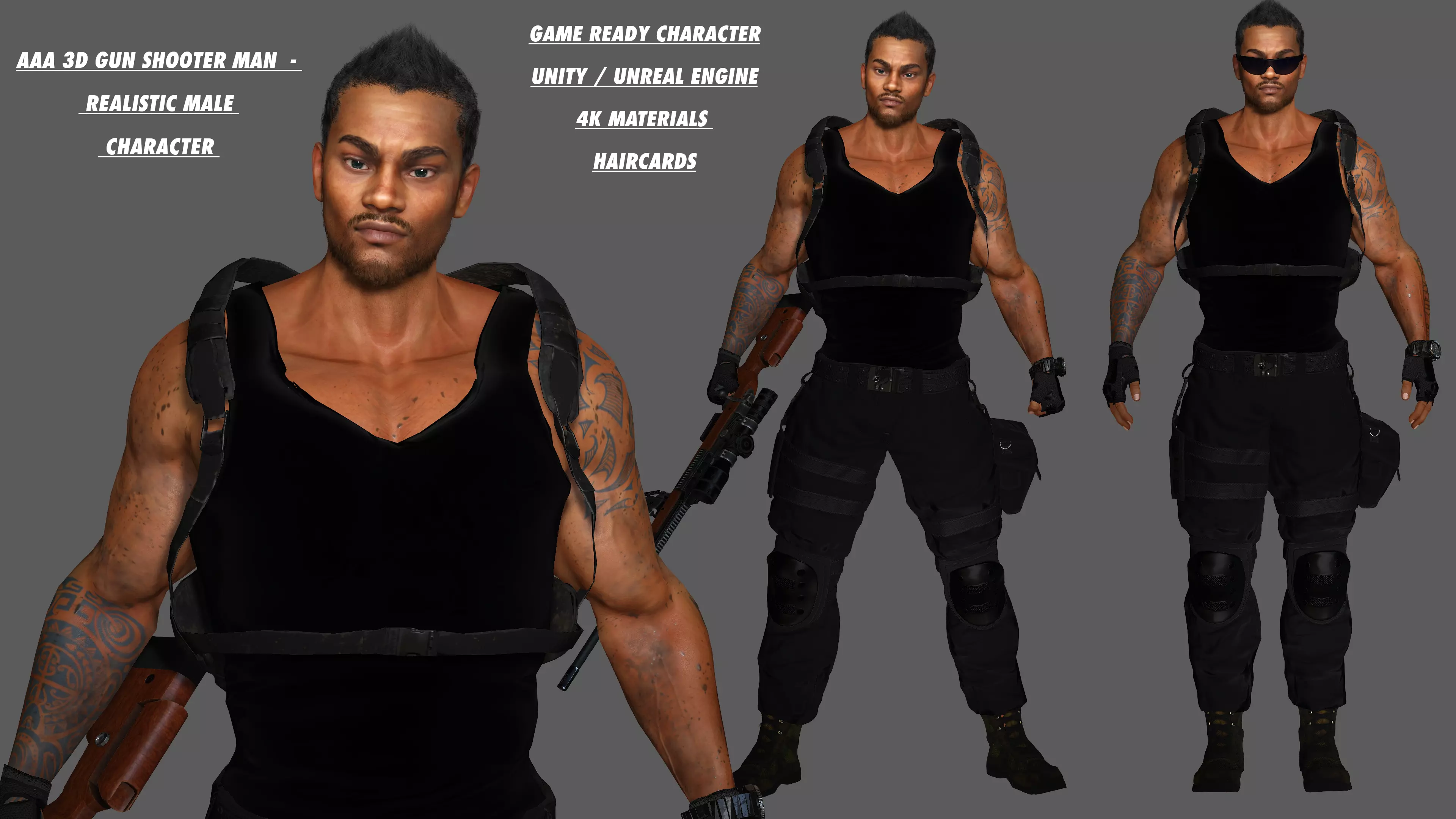 AAA 3D REALISTIC BLACK MALE CHARACTER - GUN SHOOTER MAN Low-poly 3D model_0