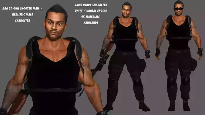 AAA 3D REALISTIC BLACK MALE CHARACTER - GUN SHOOTER MAN Low-poly 3D model