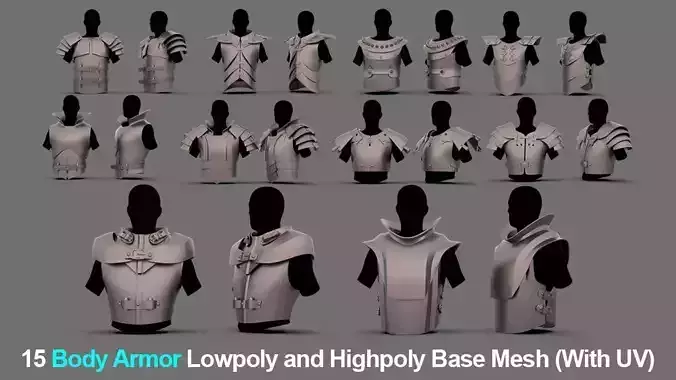 15 Unique Body Armor Lowpoly and Highpoly Base Mesh With UV