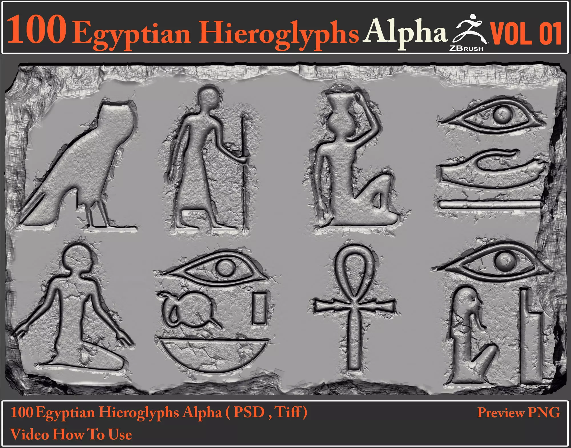 100 Egyptian Hieroglyphs Alpha Maps 3D model_0