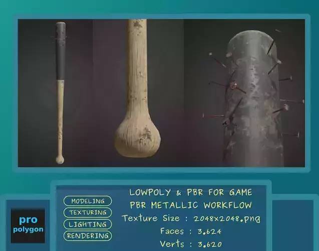 Spiked Baseball Bat Lowpoly Pbr Gameready Low-poly 3D model