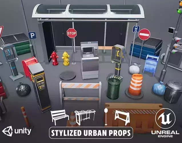 Stylized Urban Props Low-poly 3D model