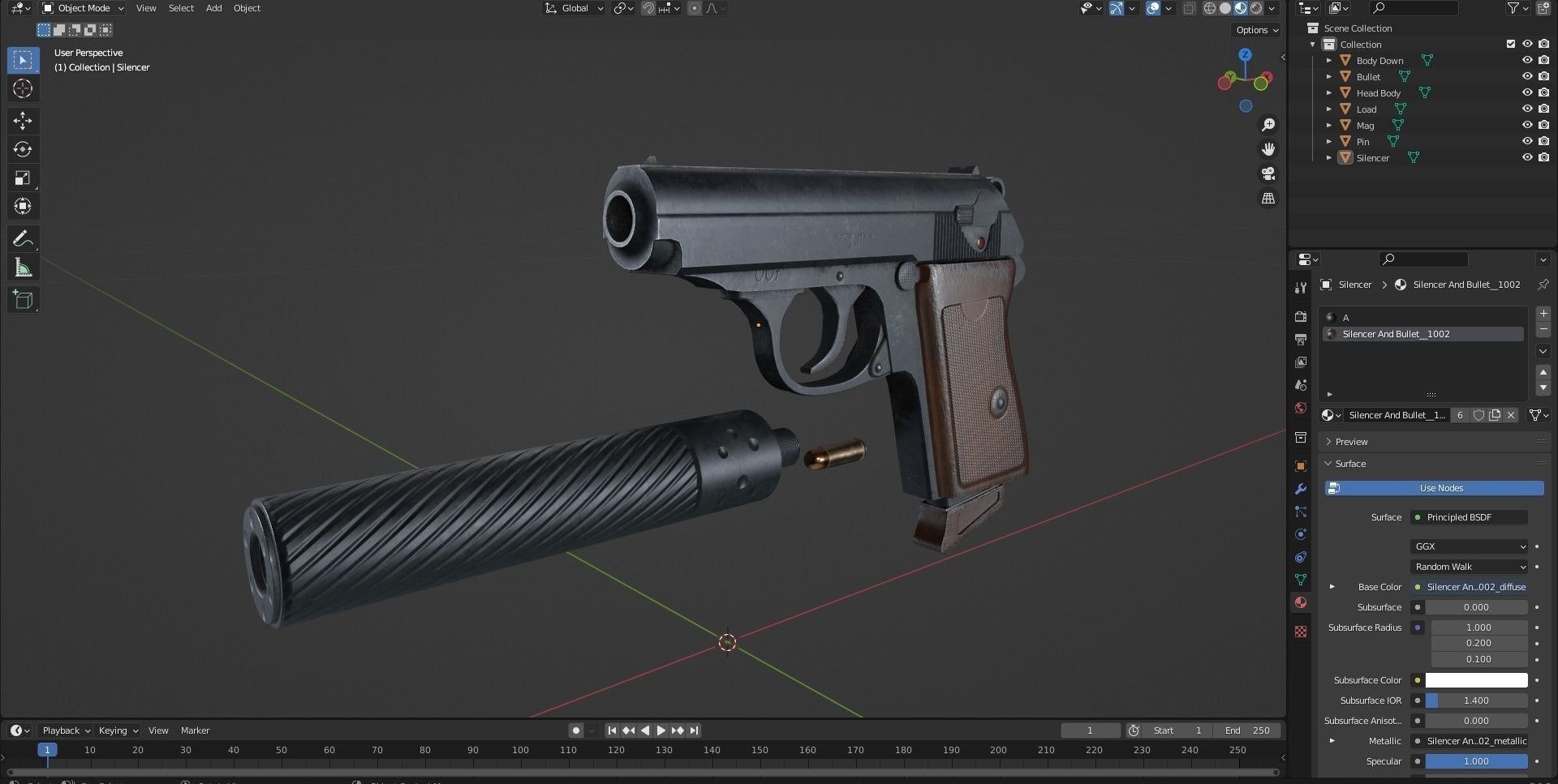 James Bond Walther PPK with Silencer Low-poly 3D model_20