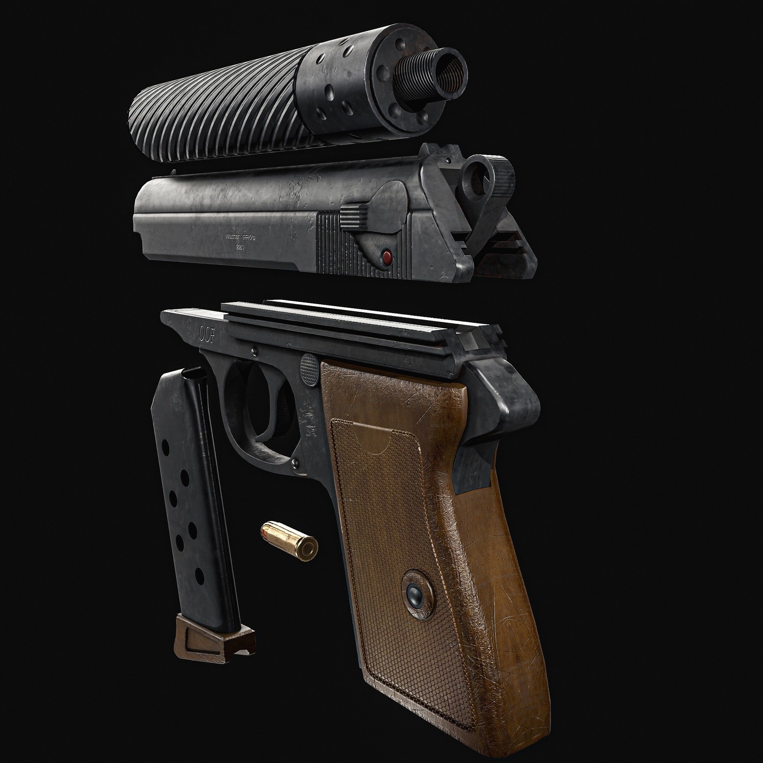 James Bond Walther PPK with Silencer Low-poly 3D model_2