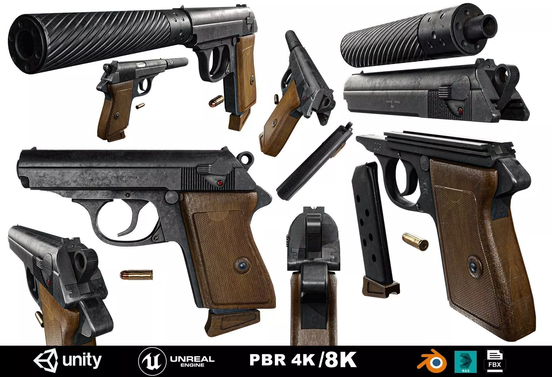 James Bond Walther PPK with Silencer Low-poly 3D model_0