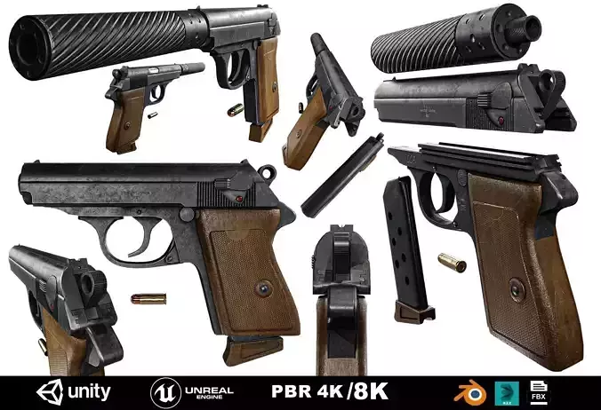 James Bond Walther PPK with Silencer Low-poly 3D model