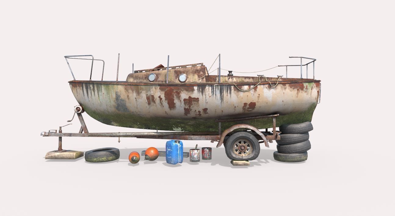 Old Sailboat And Trailer 3D model_2