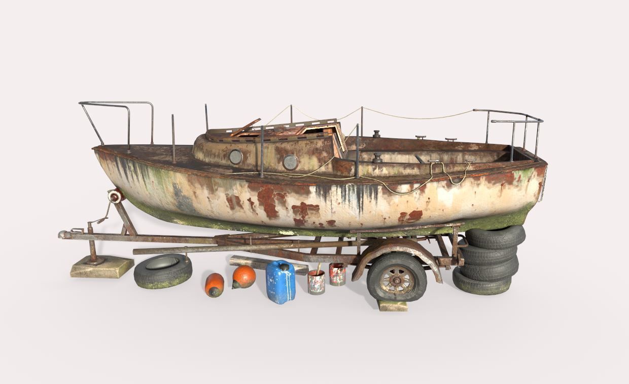 Old Sailboat And Trailer 3D model_4