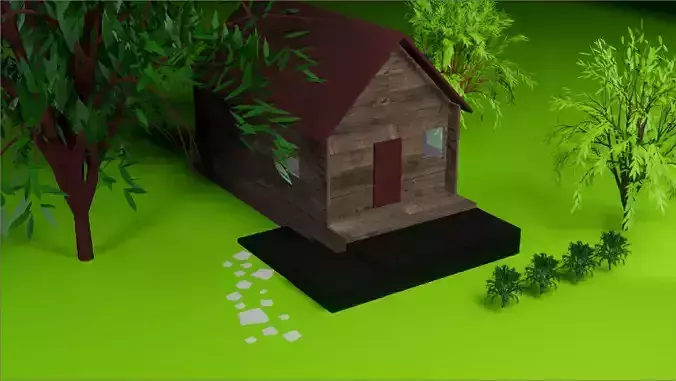 Low poly willage house in woods