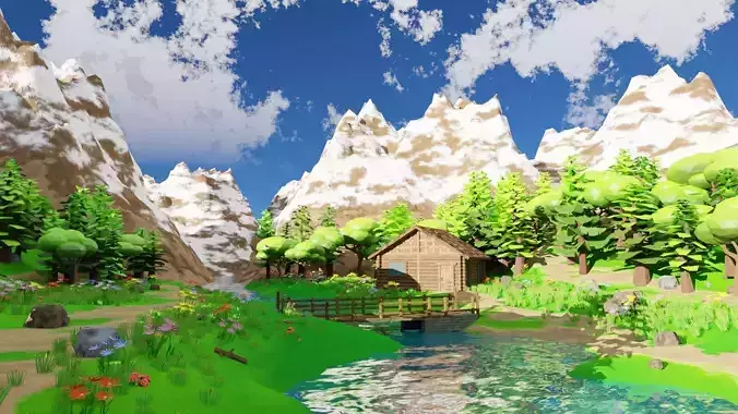 House Near Mountain Scene 3D model