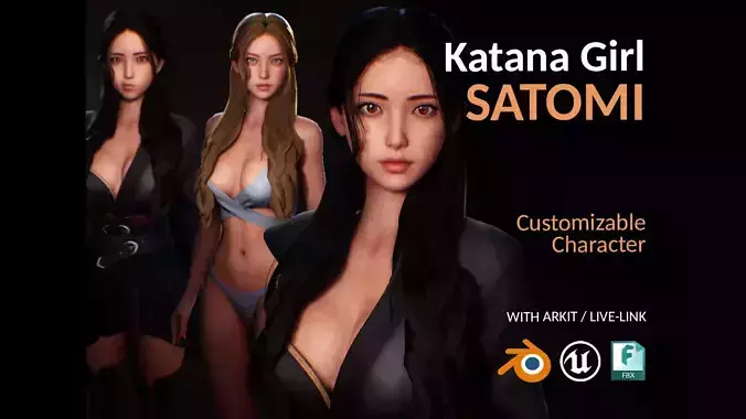 Katana Girl Satomi - F2 - Animated Rigged Game Ready Character Low-poly 3D model