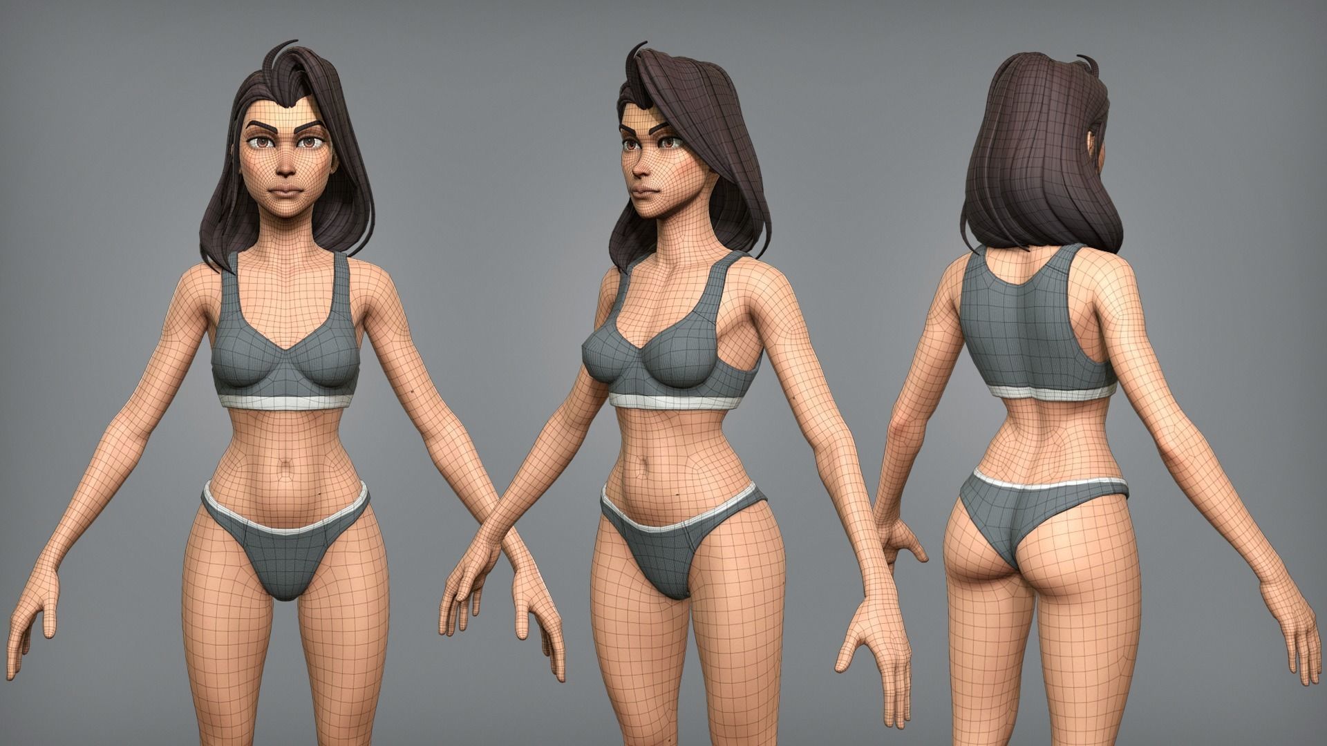 Cartoon female character Sarah base mesh Low-poly 3D model_6