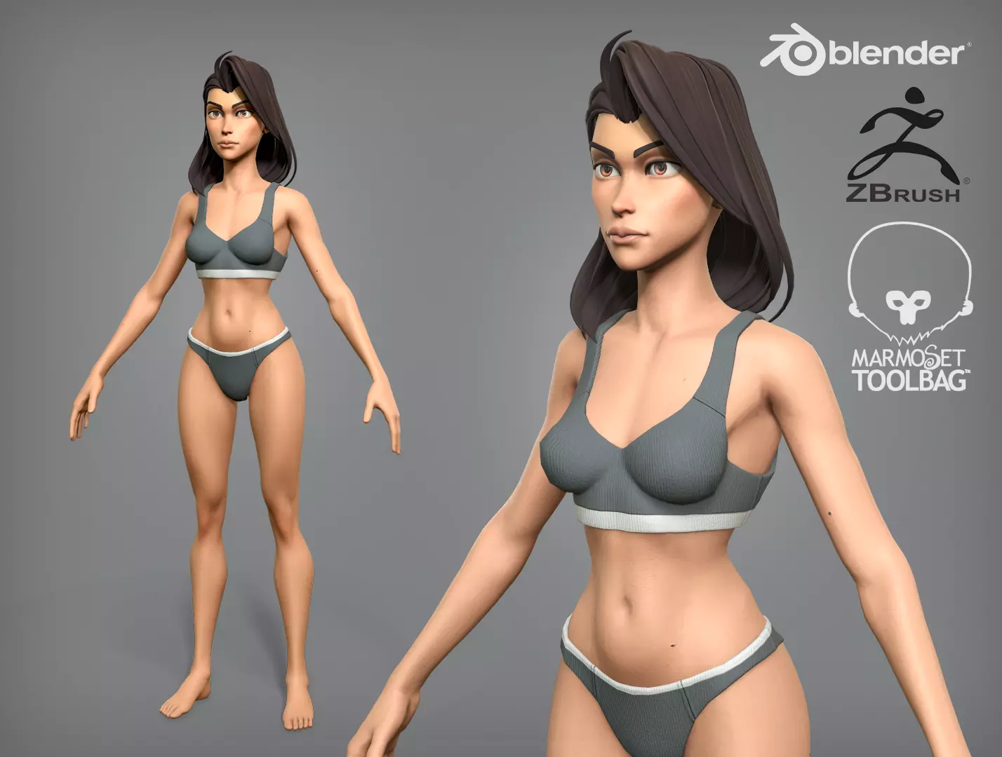 Cartoon female character Sarah base mesh Low-poly 3D model_0