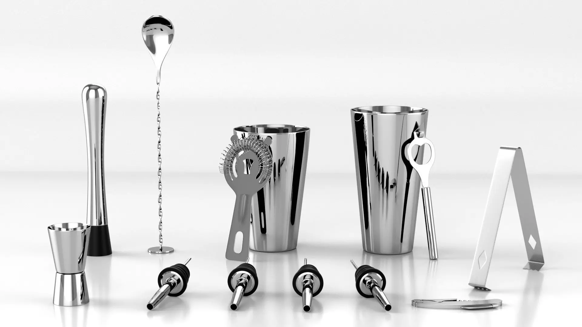 Cocktail Set of stainless steel bar tools Low-poly 3D model_0