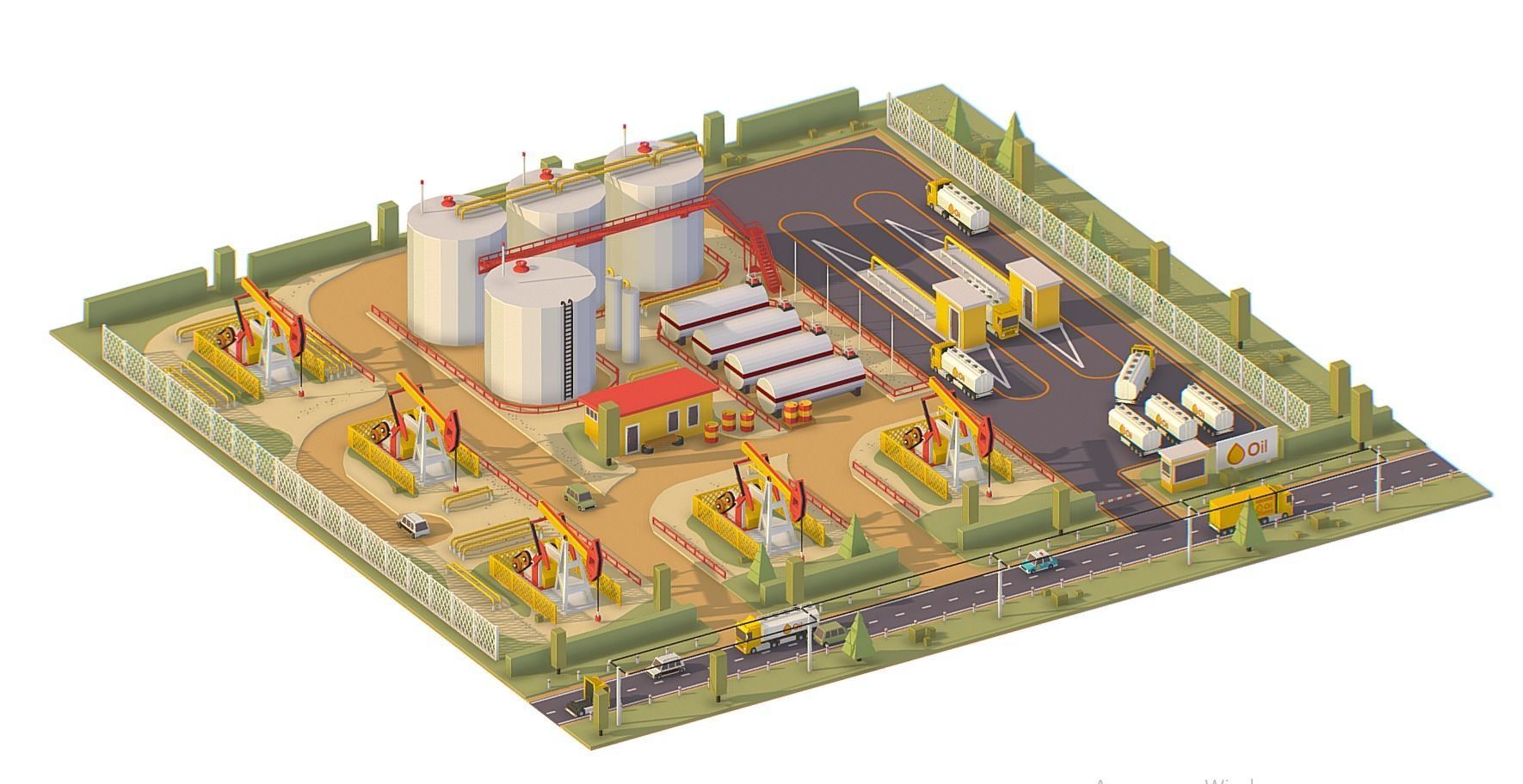 isometric oil field extracting crude big base Low-poly 3D model_8