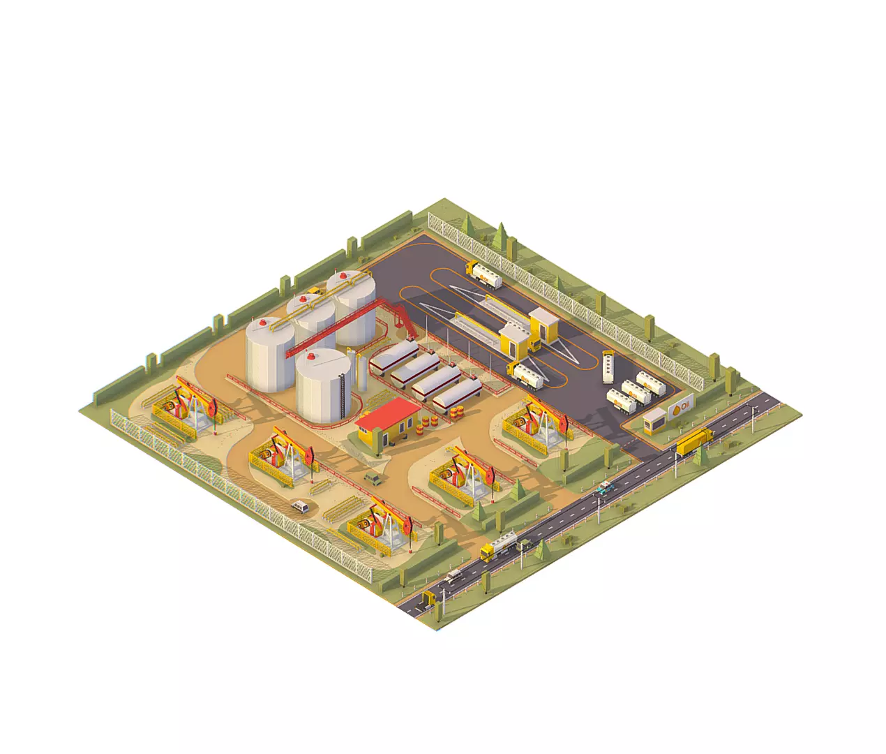 isometric oil field extracting crude big base Low-poly 3D model_0