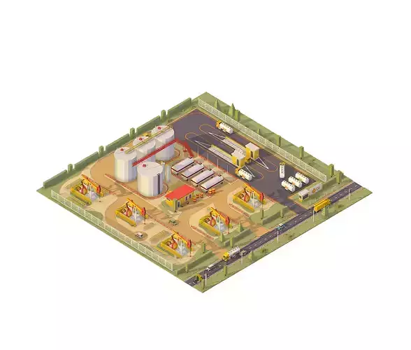 isometric oil field extracting crude big base Low-poly 3D model