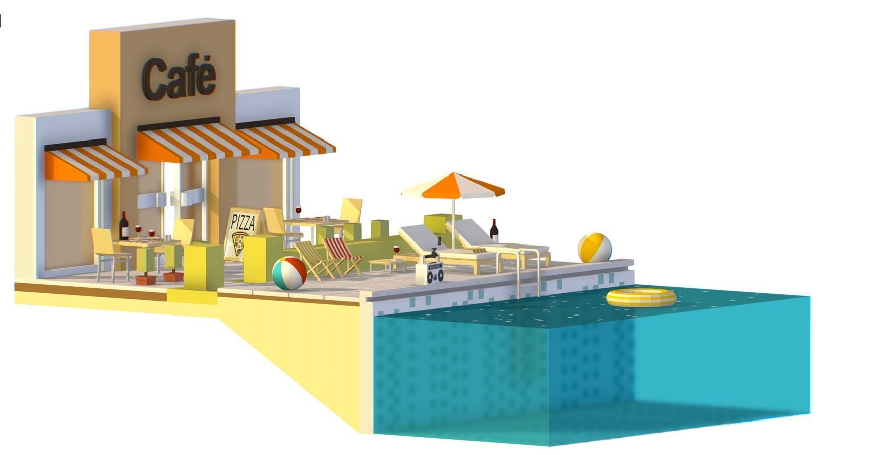 Italian cafe scene pizza pool Low-poly 3D model_3