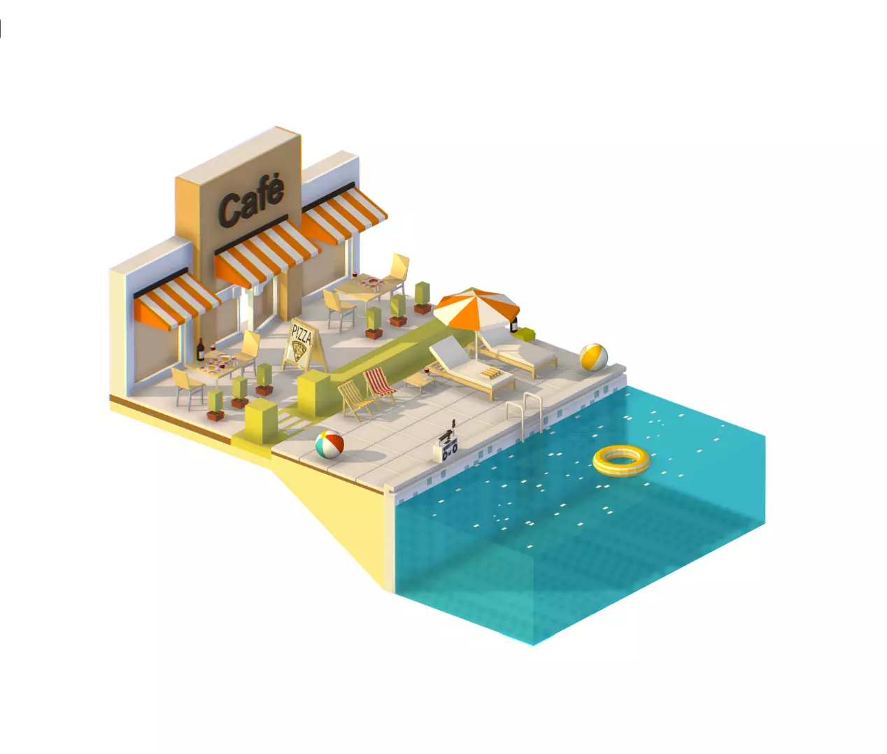 Italian cafe scene pizza pool Low-poly 3D model_0