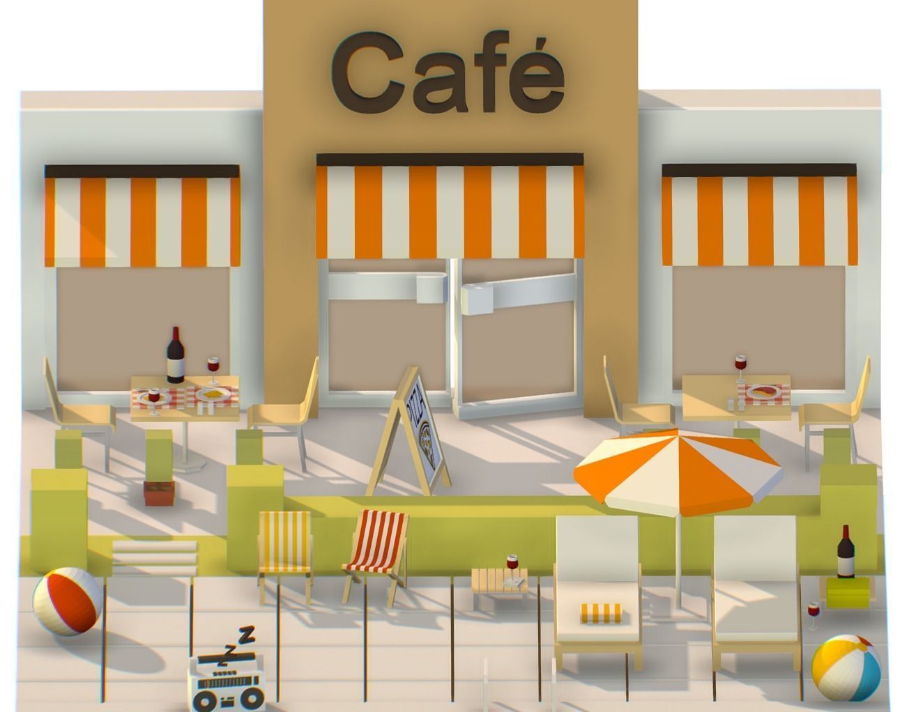 Italian cafe scene pizza pool Low-poly 3D model_4