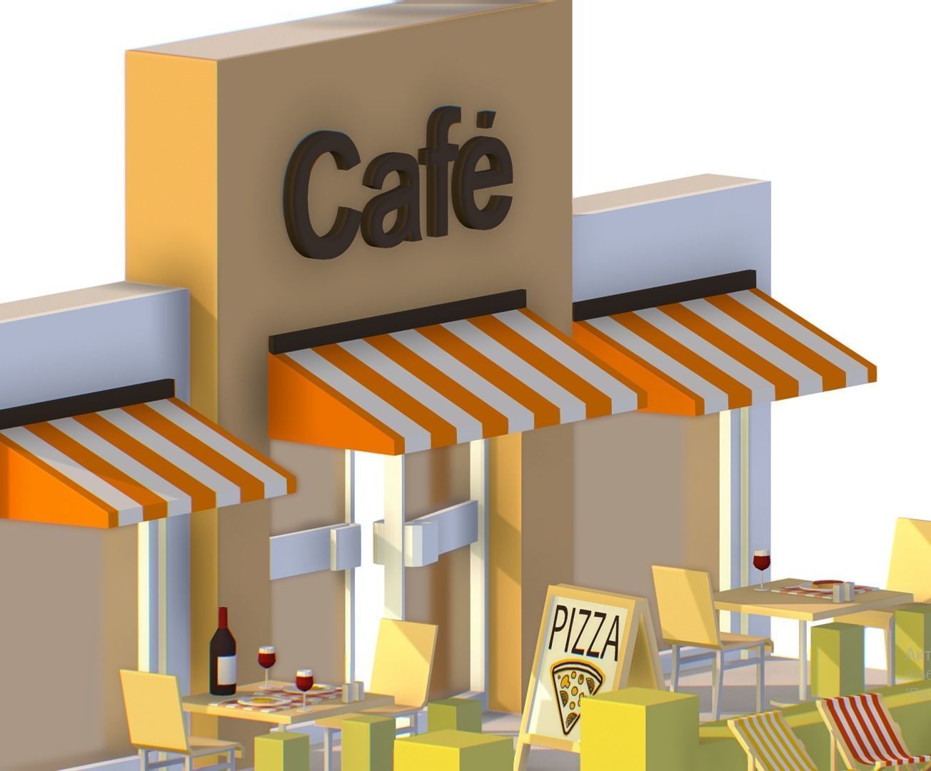 Italian cafe scene pizza pool Low-poly 3D model_2