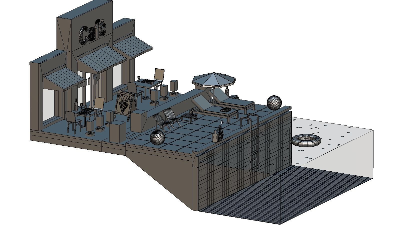 Italian cafe scene pizza pool Low-poly 3D model_1