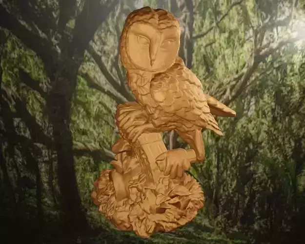 Hibou owl statue in woods 3D print model