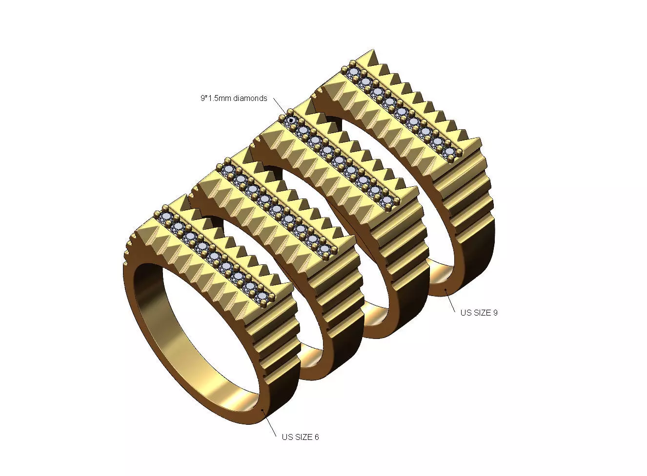 Diamond undulated fluted rectangular top signet Us sizes 6to9 3D print model_0