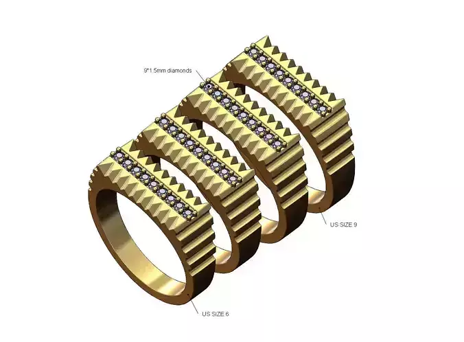 Diamond undulated fluted rectangular top signet Us sizes 6to9 3D print model Diamond undulated fluted rectangular top signet Us sizes 6to9 3D print model