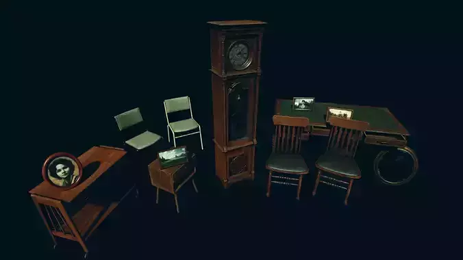 Functional Grandfather Clock and Furniture - Asset Pack for UE5 Low-poly 3D model