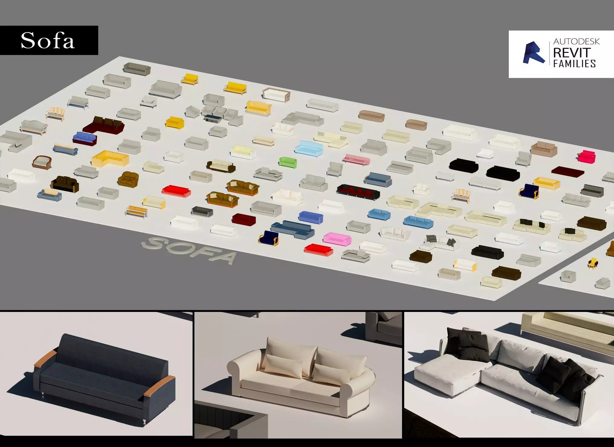 Parametric Revit Families Collection Chair Sofa Office Chair Low-poly 3D model_0