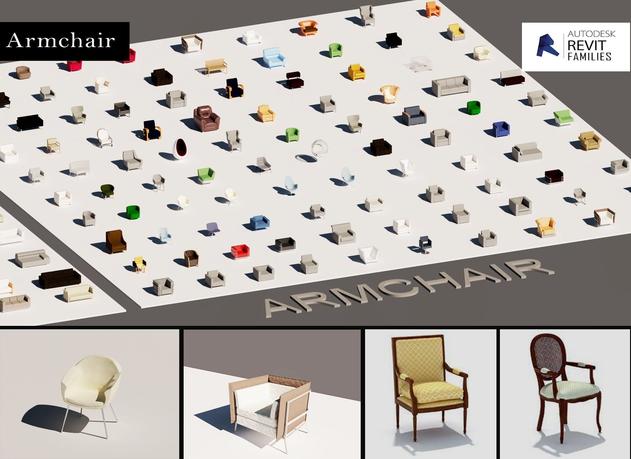 Parametric Revit Families Collection Chair Sofa Office Chair Low-poly 3D model_1