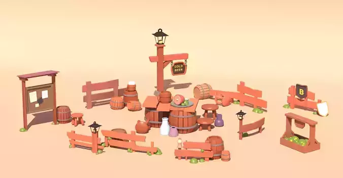 Wooden low-poly assets Low-poly 3D model