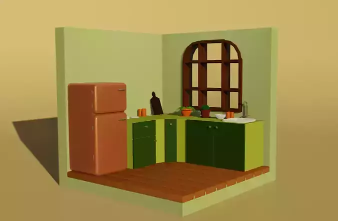 low-poly kitchen with refrigerator and microwave