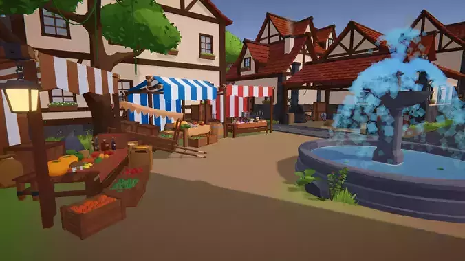Low Poly Fantasy Medieval Village Low-poly 3D model