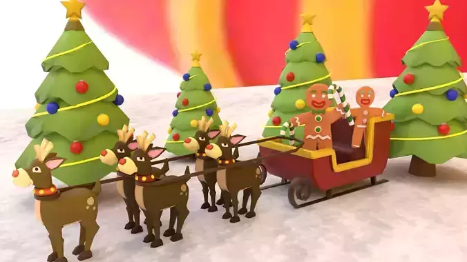 Christmas sleigh With Deers And decoration Low-poly 3D model