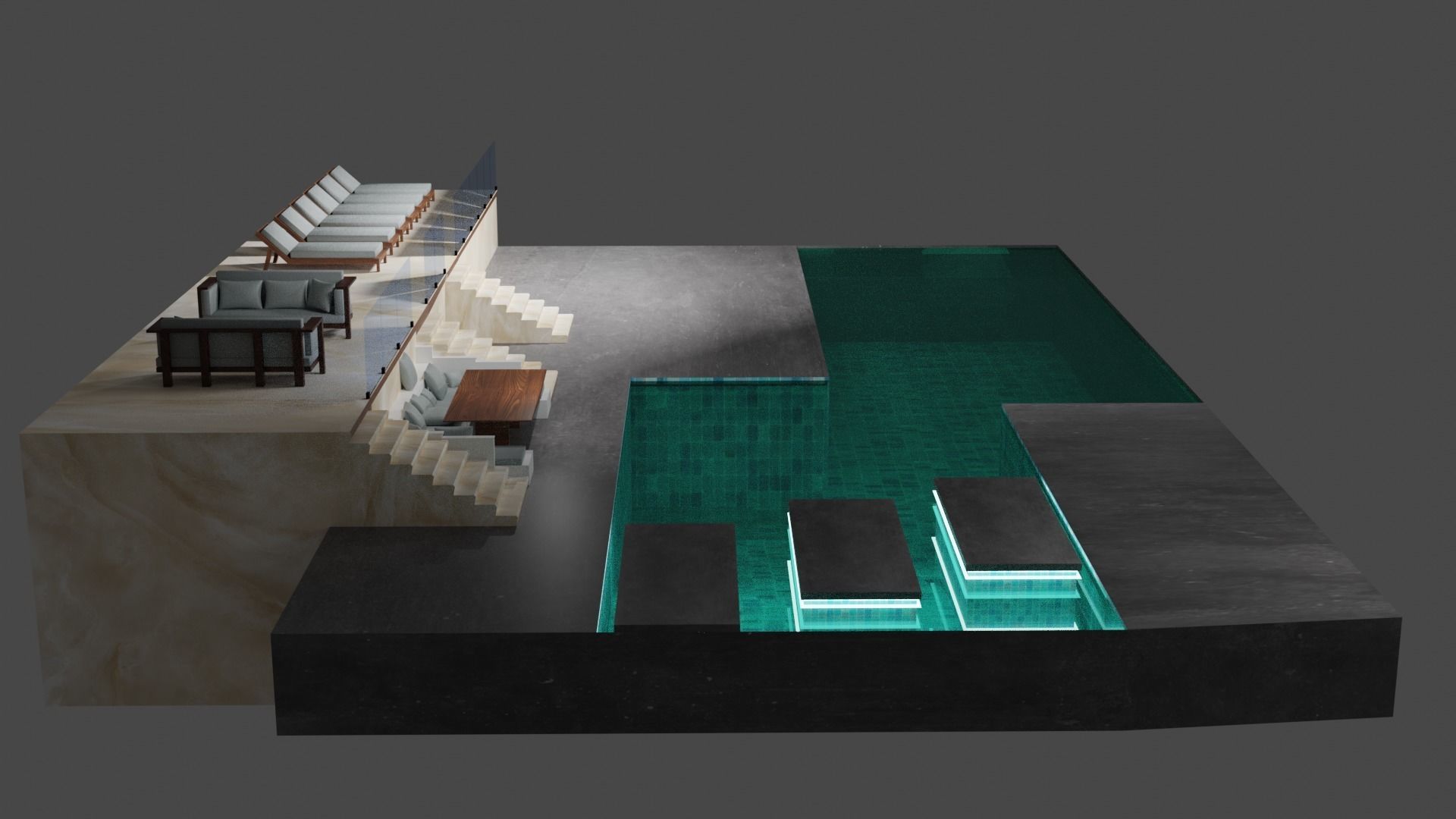Chill zone with pool and lighting Low-poly 3D model_1