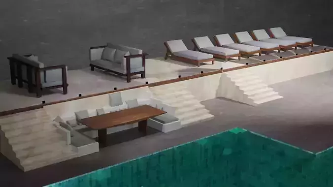 Chill zone with pool and lighting Low-poly 3D model