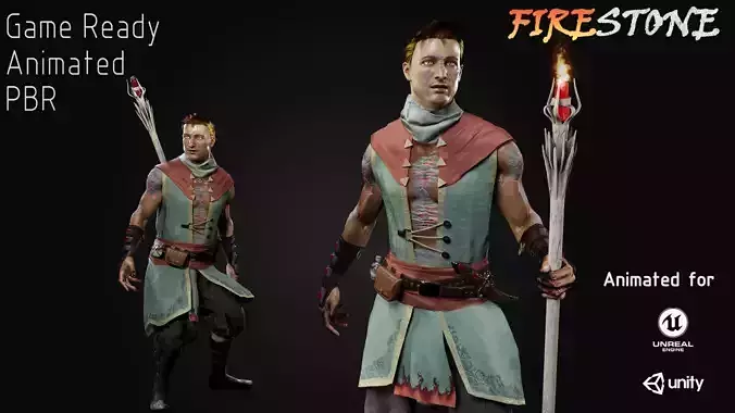 Firestone warrior with spear Low-poly 3D model