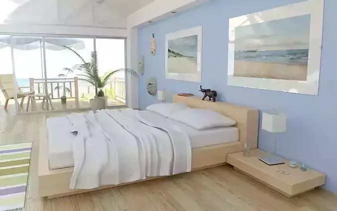 Realistic Beds Collection bedroom with ocean 3D model