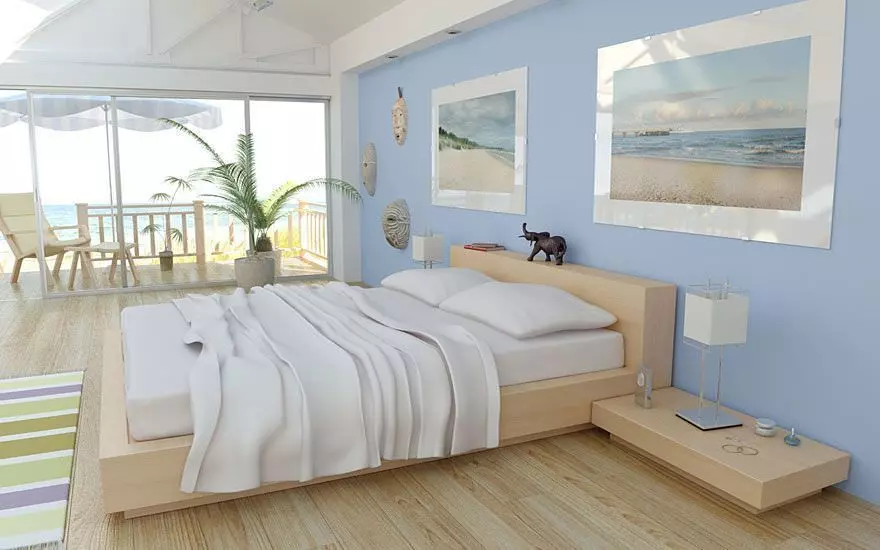 Realistic Beds Collection bedroom with ocean 3D model
