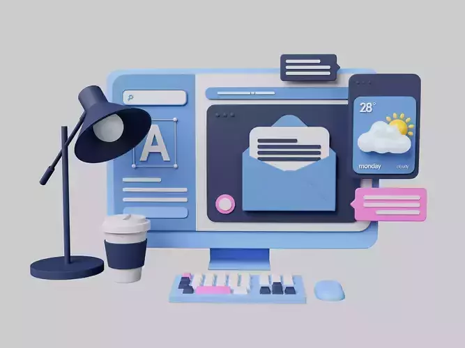 Cartoon Computer with Office Life Work 3D Illustration