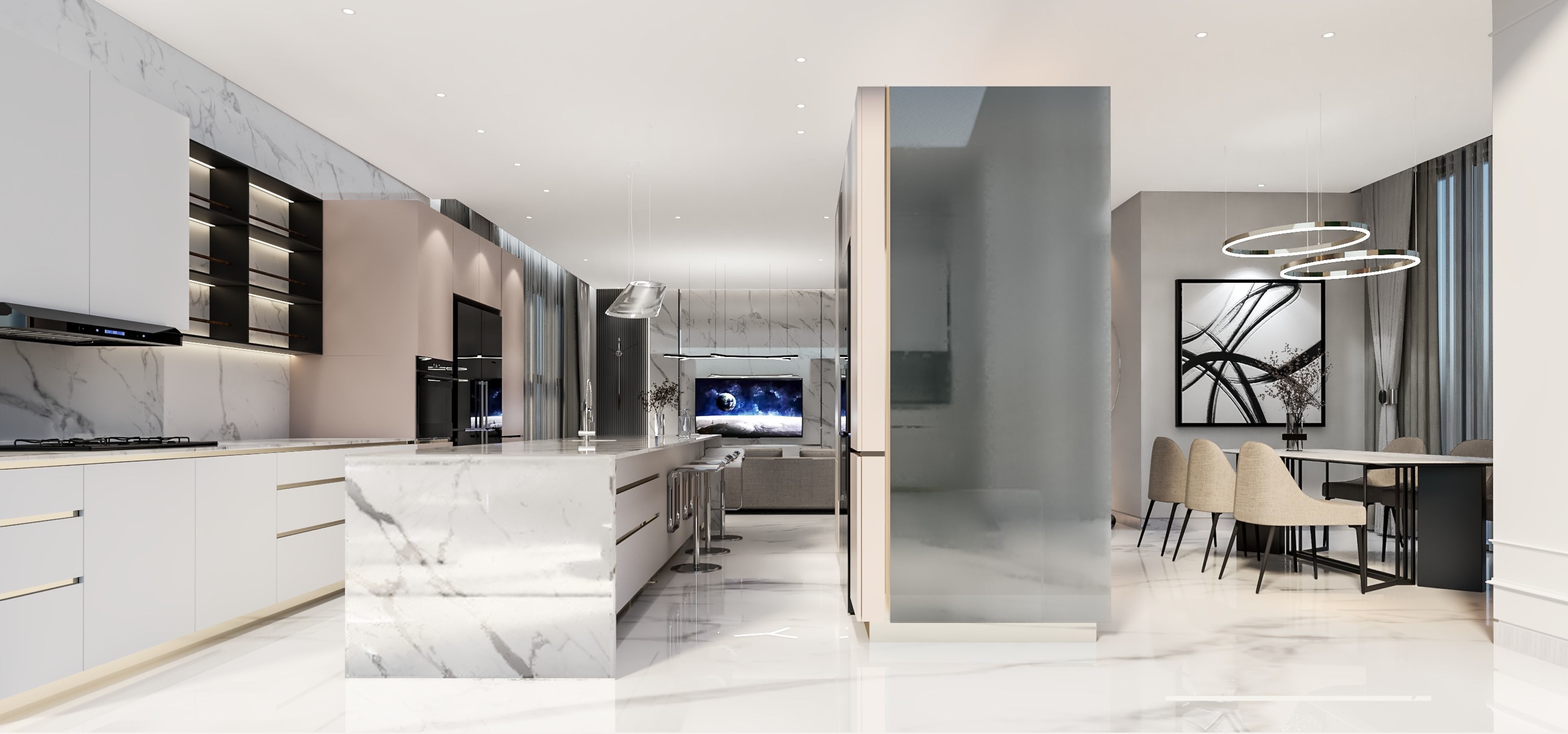 3D model modern kitchen and living room 3D model_3