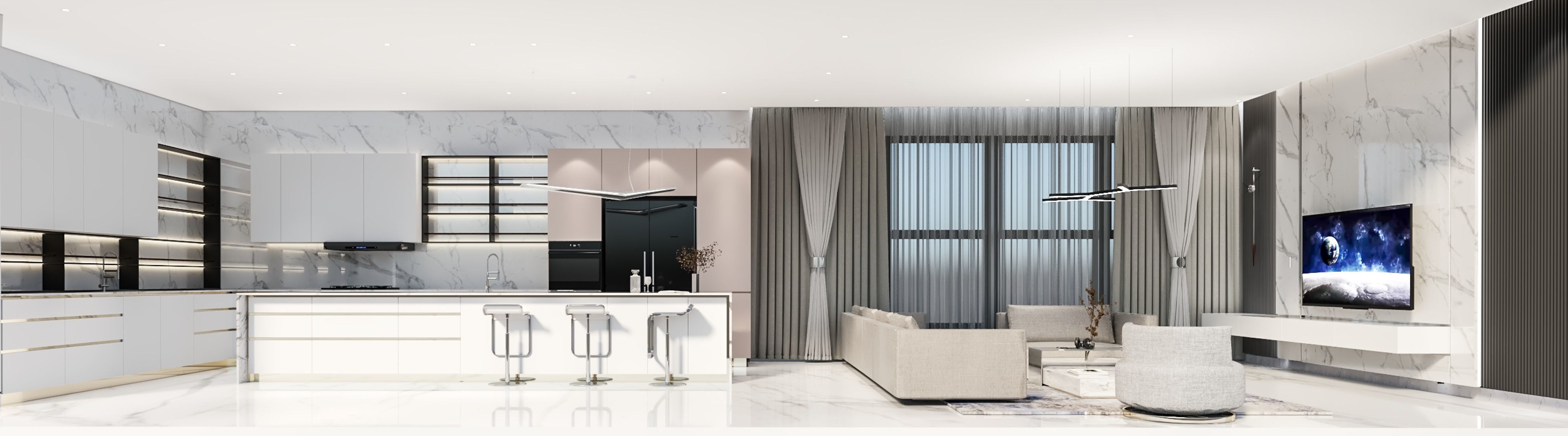 3D model modern kitchen and living room 3D model_1