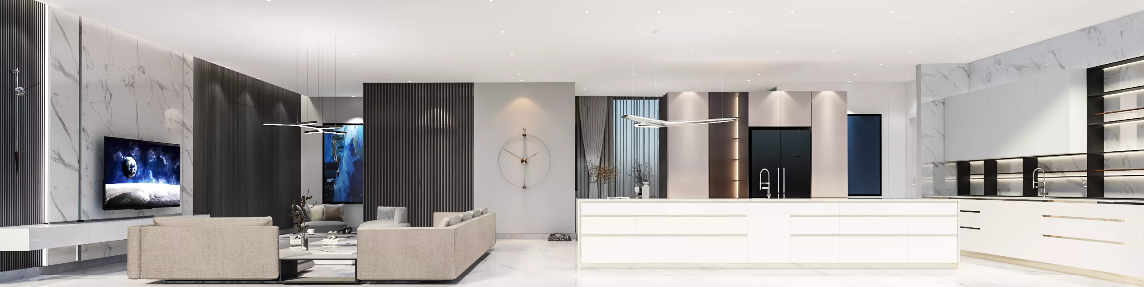 3D model modern kitchen and living room 3D model_0