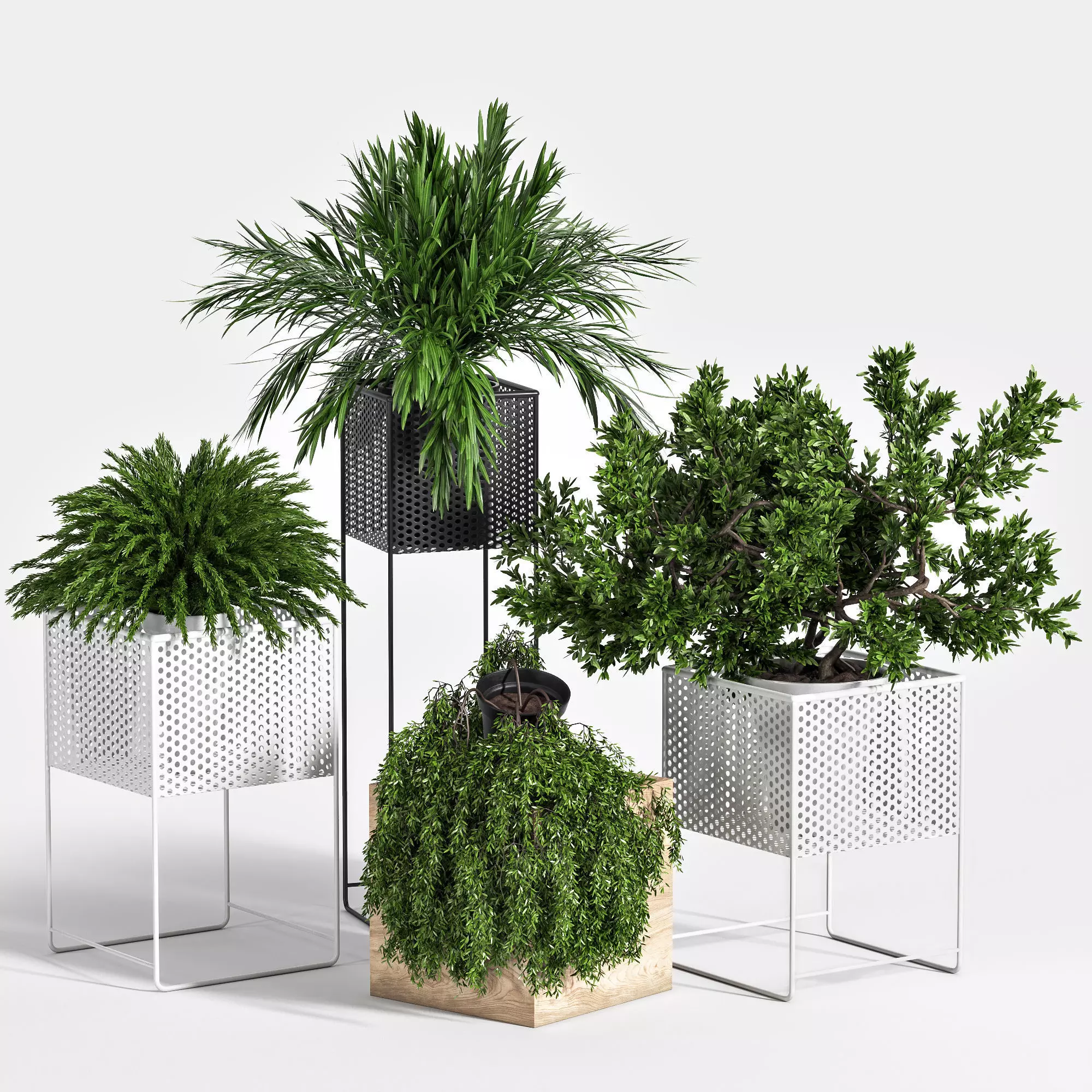 Long base metal vases and wooden platform with 3D model