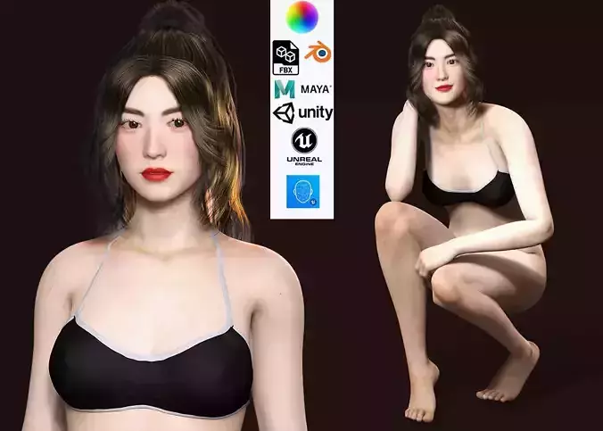 Naked Japanese Girl Game Ready Low-poly 3D model