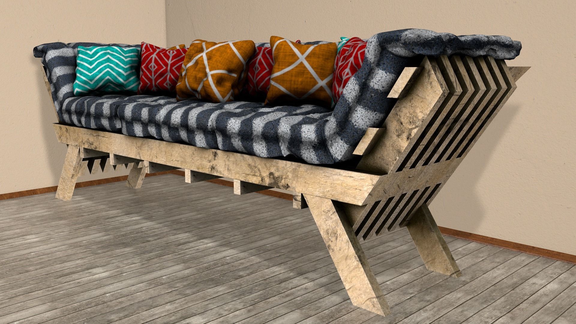 Sofas bed made from wooden pallets Low-poly 3D model_1
