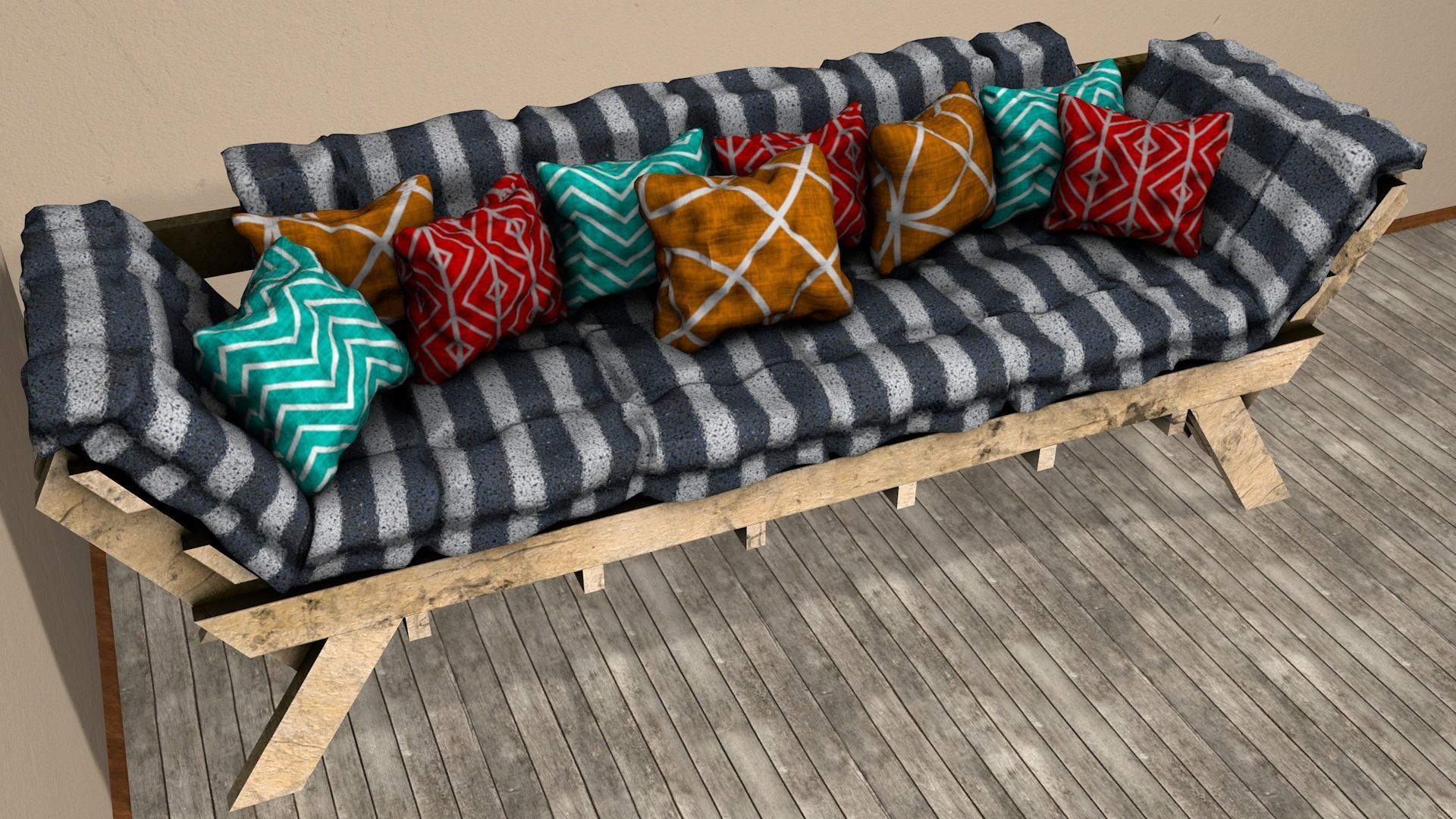 Sofas bed made from wooden pallets Low-poly 3D model_5